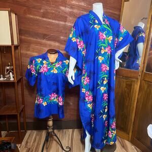 VINTAGE 70s Hawaiian Honeymoon Set Size M Kaftan Button Up Blue Floral Helena's